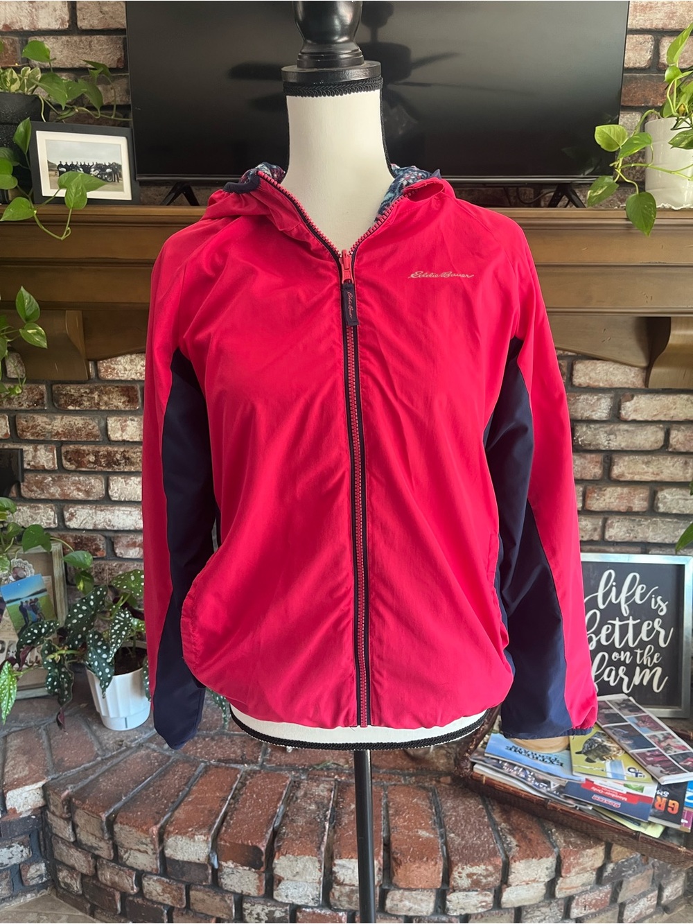 Eddie Bauer Girls' Hot Pink Hooded Jacket with Navy Panels